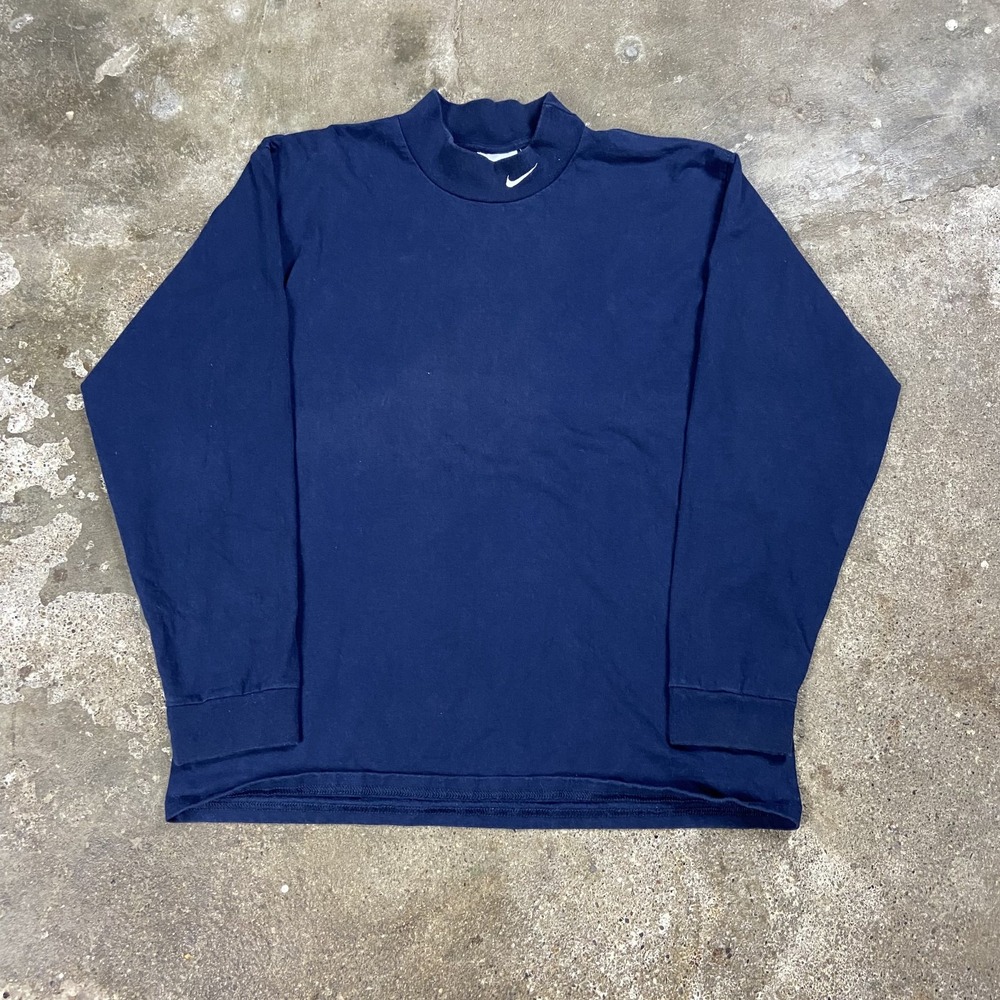 Vintage 90s Nike Long Sleeve Shirt Size Medium Blue Mock Neck Athletic Swoosh